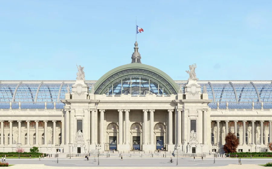 Projection 3D de l’entrée de la Nef principale du Grand Palais © Chatillon Architectes pour la Rmn-Grand Palais, Paris 2022