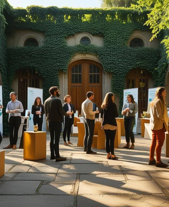 Cette scène illustre un événement éco-responsable organisé dans un cadre patrimonial. La décoration minimaliste et le mobilier en carton recyclé reflètent un engagement fort pour la durabilité. Les participants échangent autour de stands sobres, dans une atmosphère inspirante et conviviale. Image générée par l’IA.