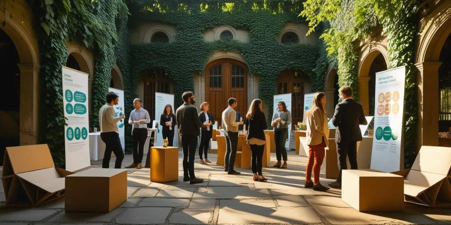 Cette scène illustre un événement éco-responsable organisé dans un cadre patrimonial. La décoration minimaliste et le mobilier en carton recyclé reflètent un engagement fort pour la durabilité. Les participants échangent autour de stands sobres, dans une atmosphère inspirante et conviviale. Image générée par l’IA.