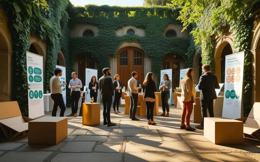 Cette scène illustre un événement éco-responsable organisé dans un cadre patrimonial. La décoration minimaliste et le mobilier en carton recyclé reflètent un engagement fort pour la durabilité. Les participants échangent autour de stands sobres, dans une atmosphère inspirante et conviviale. Image générée par l’IA.