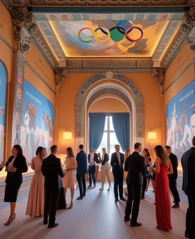 Photographie réaliste d’un espace culturel réhabilité après les JO 2024 : fresques modernes, souvenirs olympiques intégrés au décor, accueil d’un cocktail ou d’une conférence, architecture patrimoniale magnifiée.