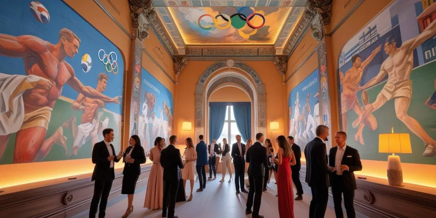 Photographie réaliste d’un espace culturel réhabilité après les JO 2024 : fresques modernes, souvenirs olympiques intégrés au décor, accueil d’un cocktail ou d’une conférence, architecture patrimoniale magnifiée.
