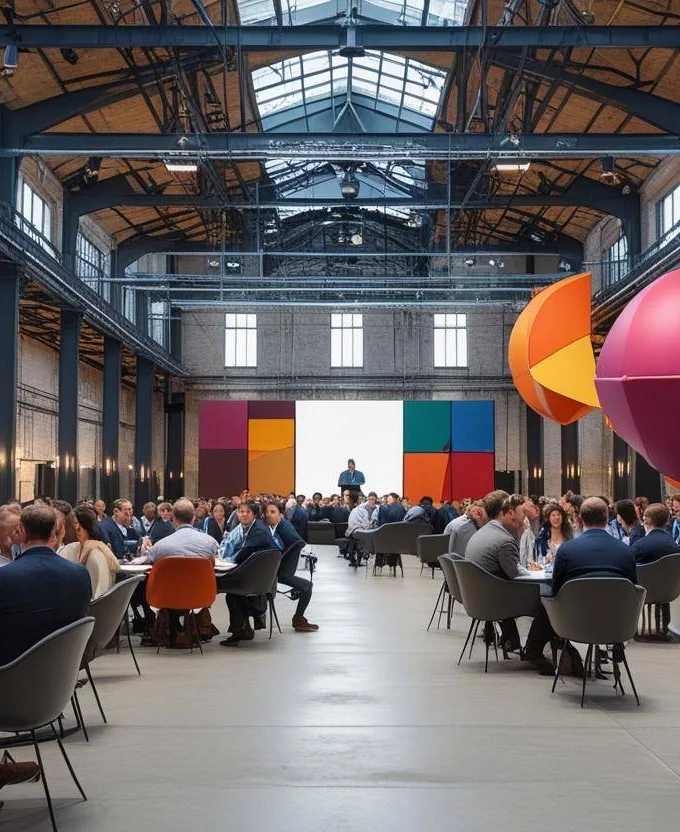 Vue immersive d’un lieu patrimonial réhabilité en espace hybride : entre œuvres d’art contemporain, architecture industrielle et usages événementiels. Image générée par intelligence artificielle.