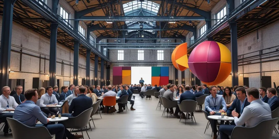 Vue immersive d’un lieu patrimonial réhabilité en espace hybride : entre œuvres d’art contemporain, architecture industrielle et usages événementiels. Image générée par intelligence artificielle.
