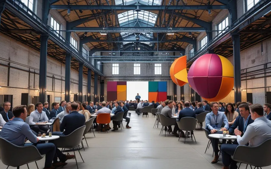 Vue immersive d’un lieu patrimonial réhabilité en espace hybride : entre œuvres d’art contemporain, architecture industrielle et usages événementiels. Image générée par intelligence artificielle.